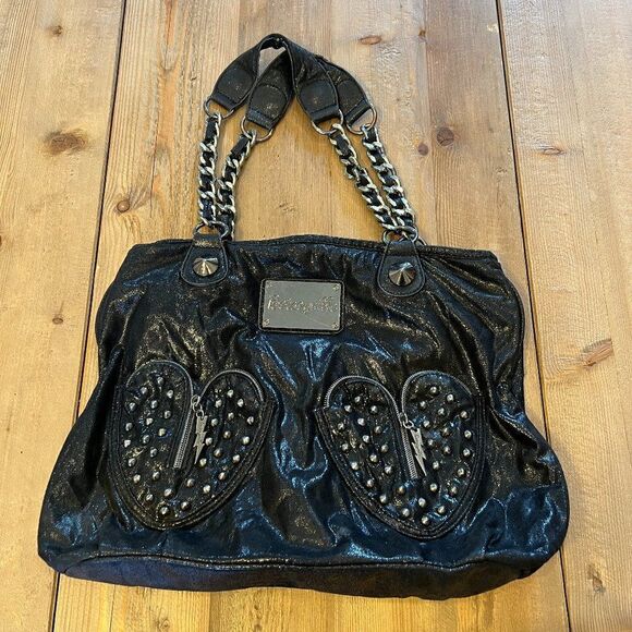 Betsey Johnson Vintage Betseyville Black Heart Studded Bag with Lips - Picture 1 of 15